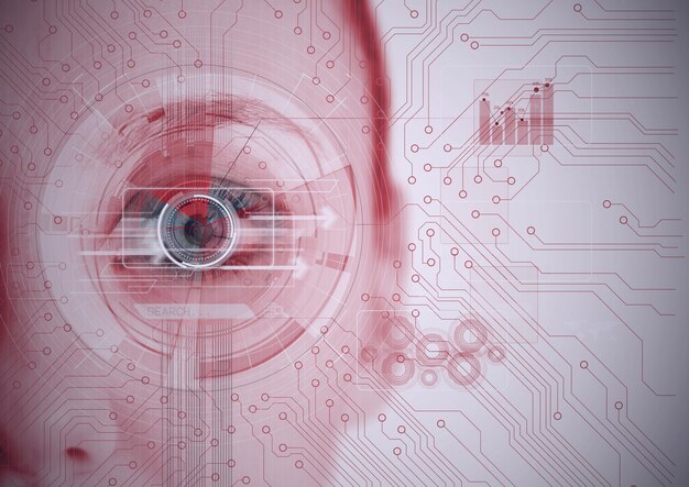 Ronde scanner- en microprocessorverbindingen tegen close-up van vrouwelijk menselijk oog