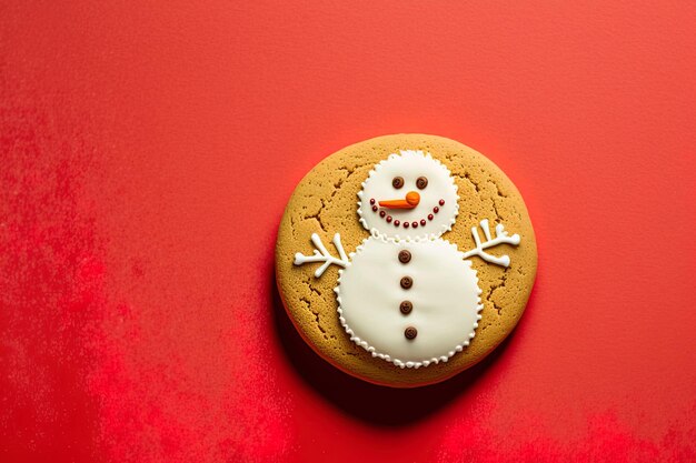 Foto ronde sneeuwpop peperkoekkoekje op een rode achtergrond