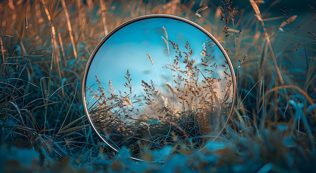 Ronde spiegel in een veld met gras Reflectie van de natuur