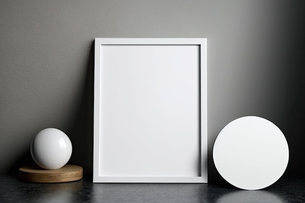 Ronde steen en een wit frame staan op het tafeldesign dat minimalistisch is