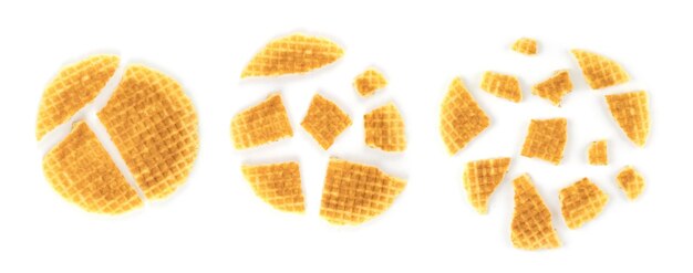 Ronde wafels worden in verschillende mate gebroken. gebroken heerlijke wafelkoekjesproducten