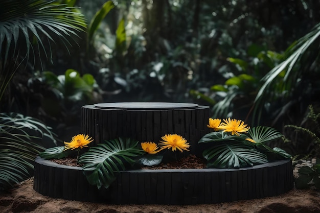 Ronde zwarte houten rotspodiumcompositie met chrysant in de hyperrealistische materialen van het tropisch bos