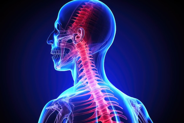 Röntgenbeeld van het menselijk lichaam röntgenbeeld van de schedel 3D-illustratie van nekpijn cervicale wervelkolom skelet röntgenonderzoek medisch concept AI gegenereerd