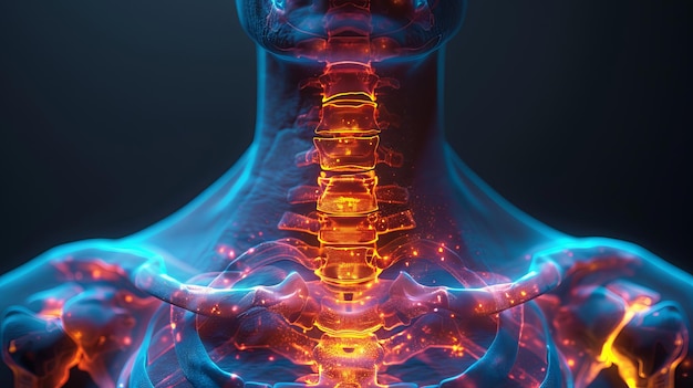 Röntgenfoto van de menselijke nek met gloeiende botten 3D