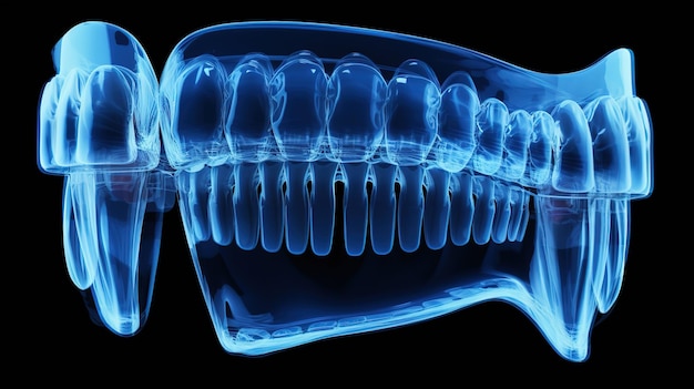 röntgenfoto van menselijke tanden blauwe toon radiografie op donkere achtergrond Diagnose voor tandheelkundig onderzoek