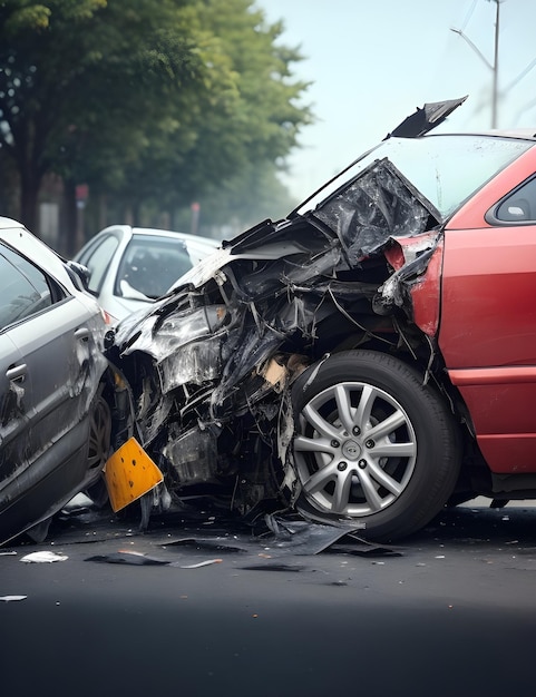 rood auto-ongeluk op een weg met een ander autoweggevaar