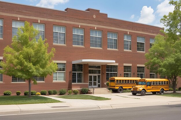 Rood bakstenen schoolgebouw met een gele schoolbus aan de voorkant klaar om studenten naar huis te vervoeren of af te zetten