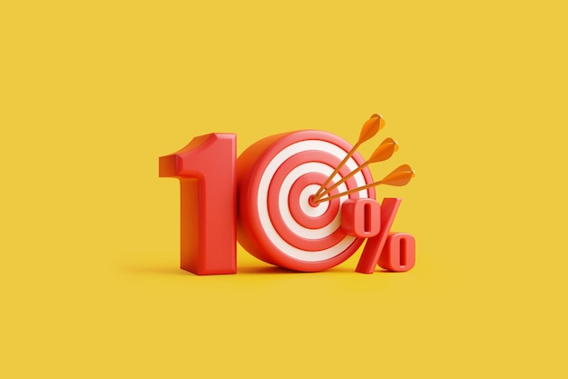 Rood doel met pijl vormt het getal 10 procent op een gele achtergrond 3D render illustratie