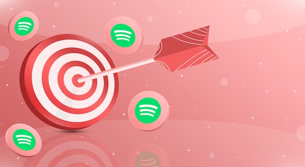 Rood doelwit met een pijl in de top tien met spotify-logopictogrammen rond 3d