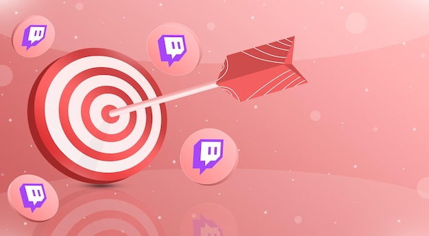 Rood doelwit met een pijl in de top tien met twitch-logopictogrammen rond 3d