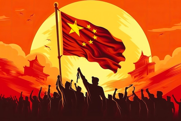 Rood en geel 3D Render Minimalistische China vlag bokeh achtergrond met minimalistisch symbool Generative AI