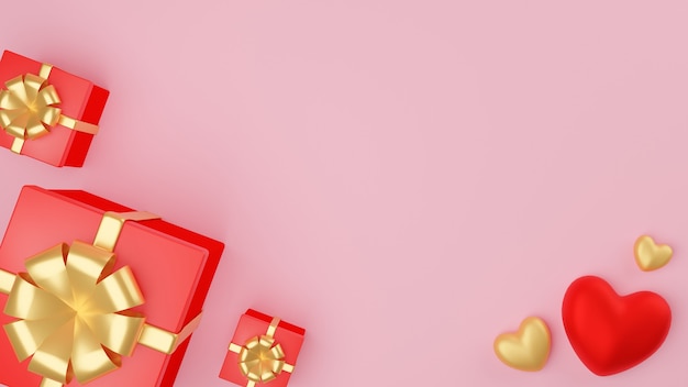Rood en gouden hart en sluit rode giftdoos met gouden lint. Valentijnsdag concept. 3D-rendering illustratie