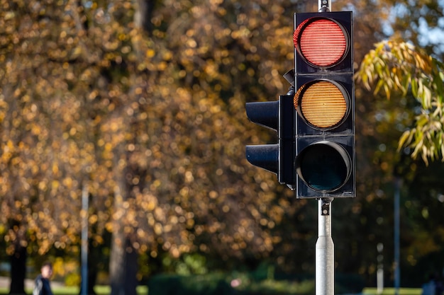 Rood en oranje stoplicht in semafoor close-up Helder gekleurde herfst achtergrond
