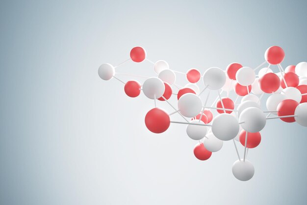 Foto rood en wit atoomraster met veelhoekige structuur tegen een grijze muur. concept van chemie en wetenschap.
