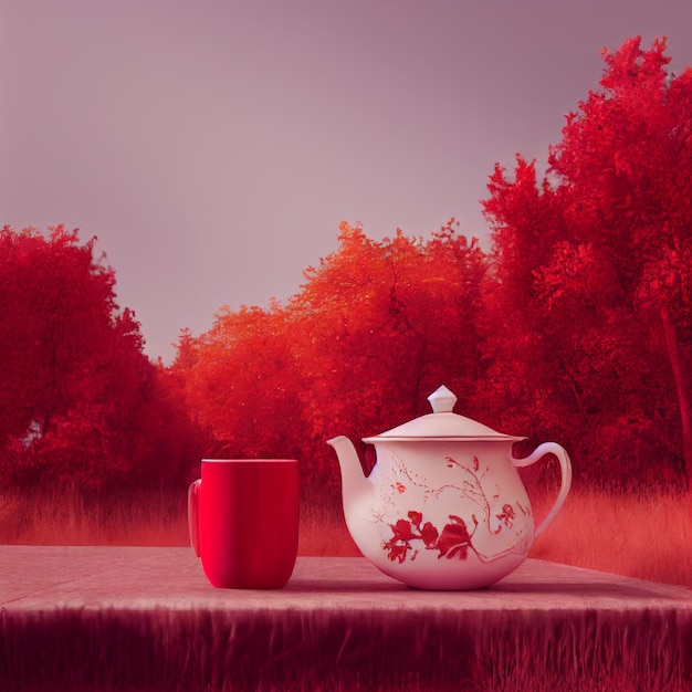 Rood en wit palet theepot en een kopje op tafel bij mooie herfst seizoen rode bomen op de achtergrond seizoensgroeten ontwerp