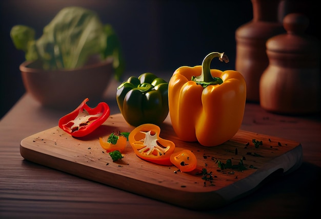 Rood geel groene paprika op snijplank ai gegenereerd