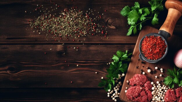 rood gehakt in een houten schaal en specerijen op een houten achtergrond vers vlees in een houden schaal met zout en peper