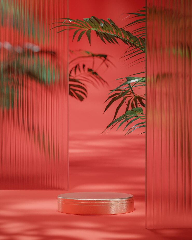 Rood goud podium staan tropisch bos bomen rode achtergrond voor productplaatsing 3d render