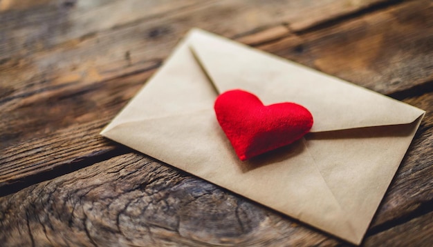 Rood hart en envelop op een vintage tafel met een liefdesbericht voor Valentijnsdag
