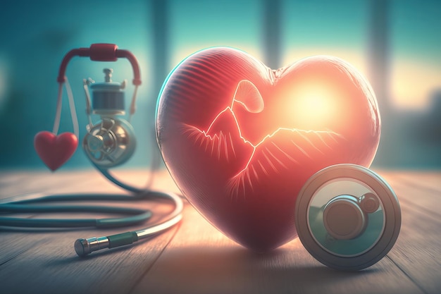 Foto rood hart en stethoscoop op houten tafel medisch concept generatieve ai