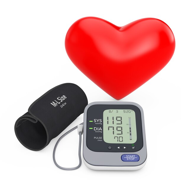 Rood hart in de buurt van moderne digitale bloeddrukmeting monitorapparatuur op een witte achtergrond. 3d-rendering