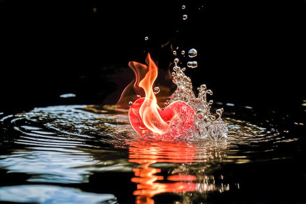 Foto rood hart in water met reflectie op zwarte achtergrond love concept generatieve ai