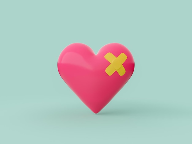 rood hart met een kruisvormige pleister op een geïsoleerde groene achtergrond 3D-weergave