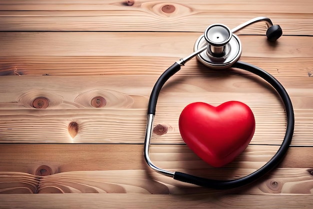 Rood hart met een stethoscoop op een houten tafel