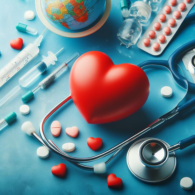 Rood hart met stethoscoop op blauwe achtergrond Wereldgezondheidsdag