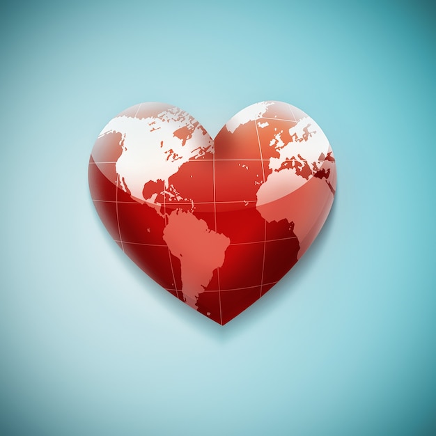 Rood hart met wereldkaart op een blauwe achtergrond