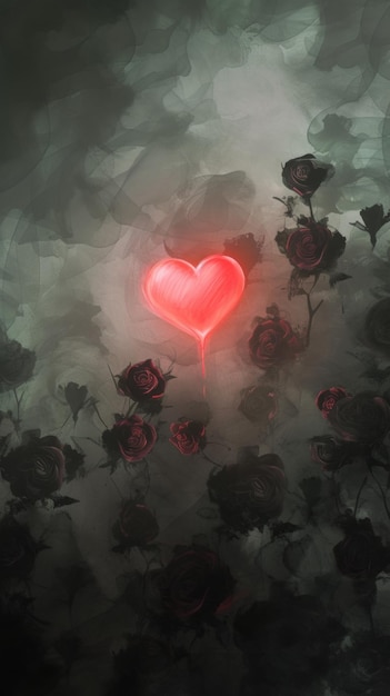 Rood hart omringd door rozen op donkere achtergrond