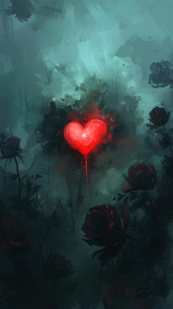 Rood hart omringd door zwarte rozen