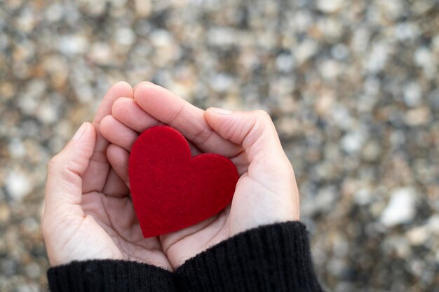 Foto rood hart tussen de handen van een vrouw op een achtergrond van strandstenen concept van san valentin