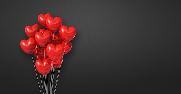 Rood hart vorm ballonnen bos op een zwarte muur achtergrond. horizontale banner. 3d illustratie render