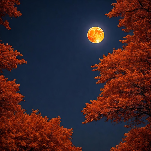 rood herfstbos met maan en sterren herfstlandschap herfstbladeren met oranje achtergrond