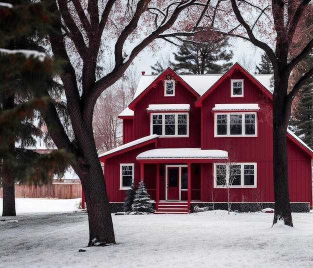 Rood huis in de sneeuw