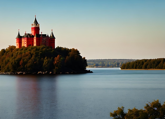 Rood kasteel op het water.