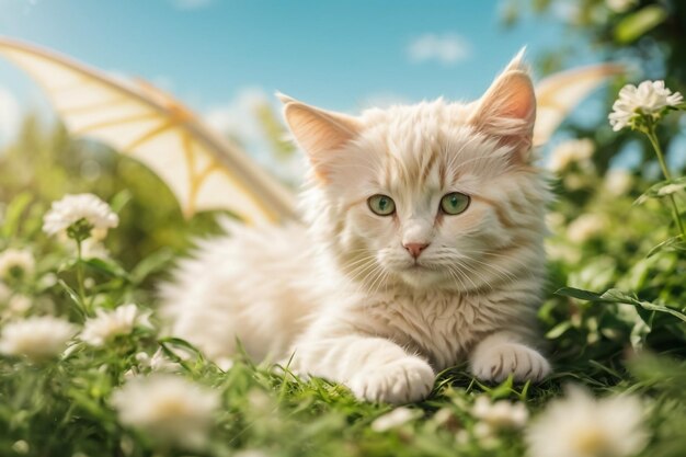 rood kitten met blauwe ogen zit op een houten tafel tegen een schattige groene zomer bokeh