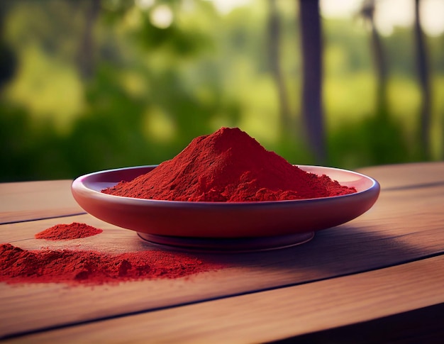 Rood koud poeder Indiaas kruid in een bord op een houten tafel op een achtergrond van groen