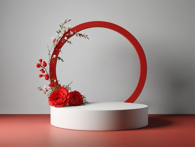 rood licht rond podium en witte achtergrond met bloem voor mock up