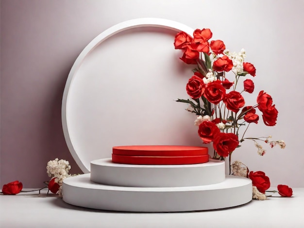 rood licht rond podium en witte achtergrond met bloem voor mock up