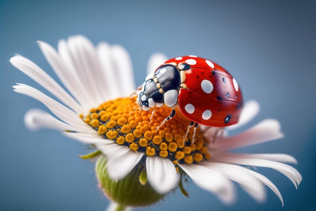 Foto rood lieveheersbeestje op de close-upmacro van de madeliefjebloem