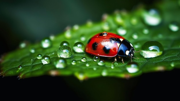 rood lieveheersbeestje op een groen blad met fotografie van waterdruppels