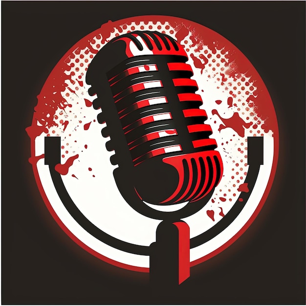 Rood microfoonpictogram in cirkel, podcast-logo, witte achtergrond. Generatieve AI