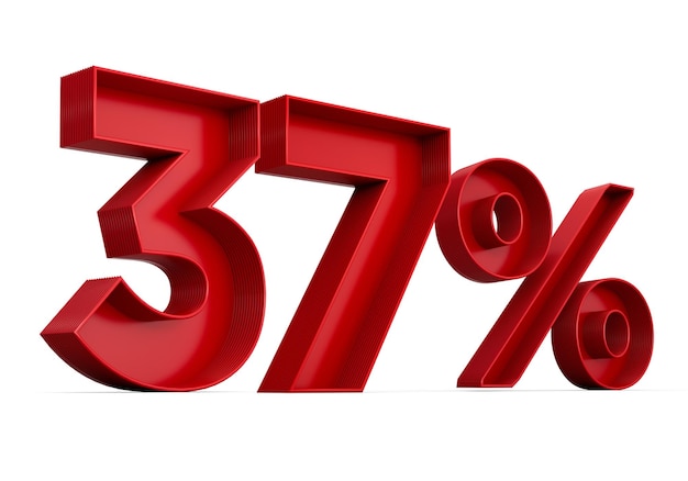 Rood nummer 37 of zevenendertig procent geïsoleerd op witte achtergrond met schaduw 3D-illustratie