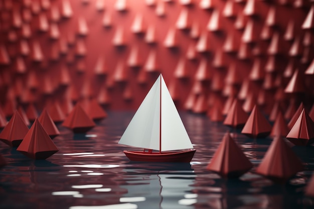 Rood papieren vliegtuigje zweeft te midden van een witte vloot die symbool staat voor leiderschap en teamwerk
