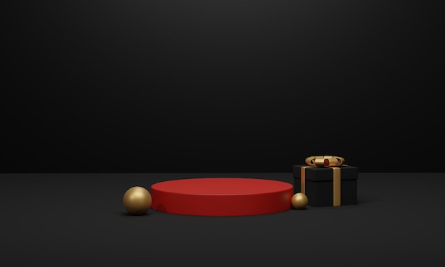 Rood podium en zwarte geschenkdoos met gouden bogen. minimale productachtergrond voor kerstmis, nieuwjaar en verkoopgebeurtenisconcept. 3d render