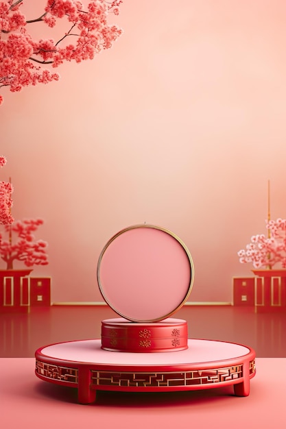 Rood podium met lantaarn Chinees nieuwjaar en geschenkdoos productstandaard podium achtergrond voetstuk 3d