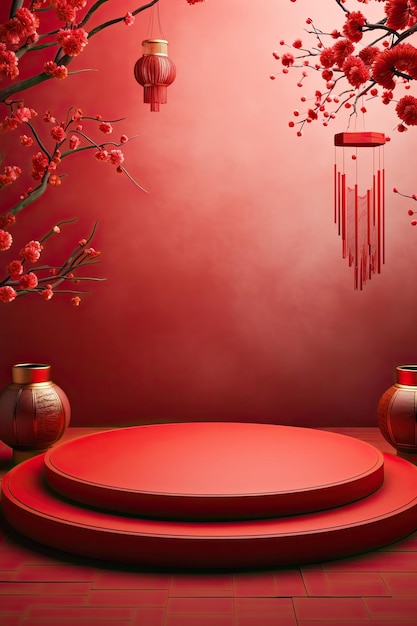 Rood podium met lantaarn Chinees nieuwjaar en geschenkdoos productstandaard podium achtergrond voetstuk 3d