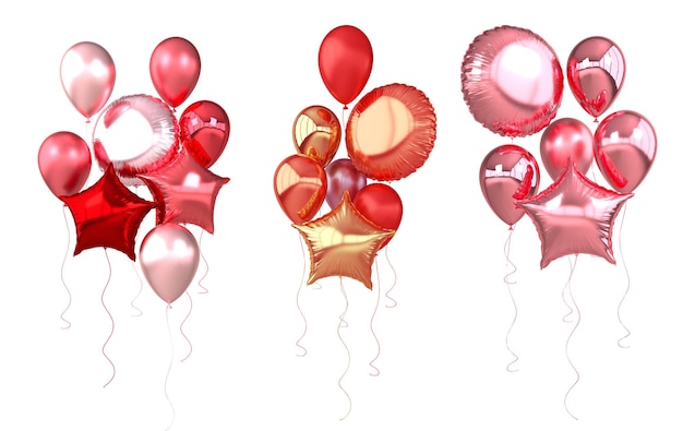 Rood roze folie ballonnen geïsoleerd op een witte achtergrond 3d render element voor verjaardagsfeestje